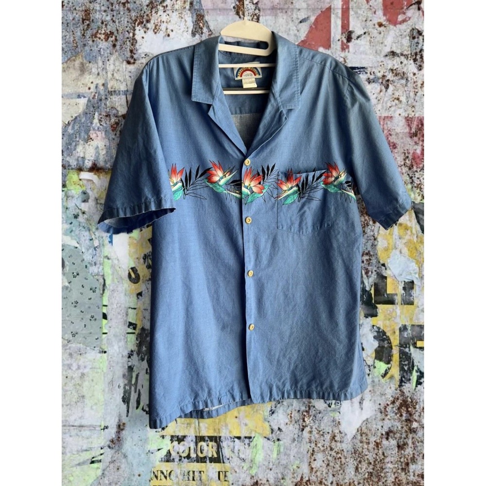 Vintage Paradise Found Men's Birds Of‎ Paradise Blue Hawaiian Shirt - L